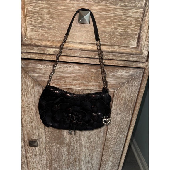 Brighton Black Floral Leather Applique Shoulder Bag Silver Chain Heart Charm - Picture 5 of 13
